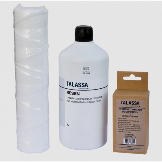 Kit d'entretien annuel pour adoucisseur : cartouche 9"3/4 + Resen + trousse analyse
